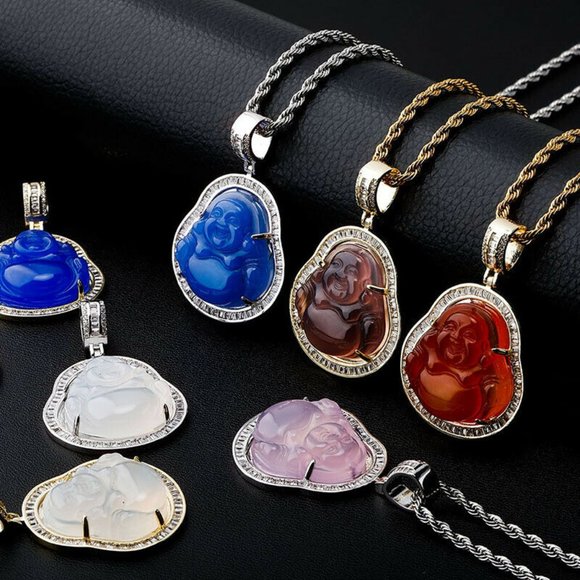 Jade Buddha Pendant Necklace Chain 24K Gold Filled Maitreya Craved Free Shipping - Picture 1 of 11